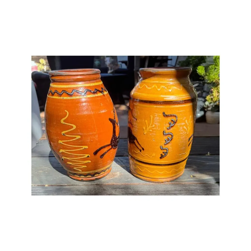 Rare Matching Pair Greg Shooner Redware Stag Vases Slip Trailed Folk Art Pottery